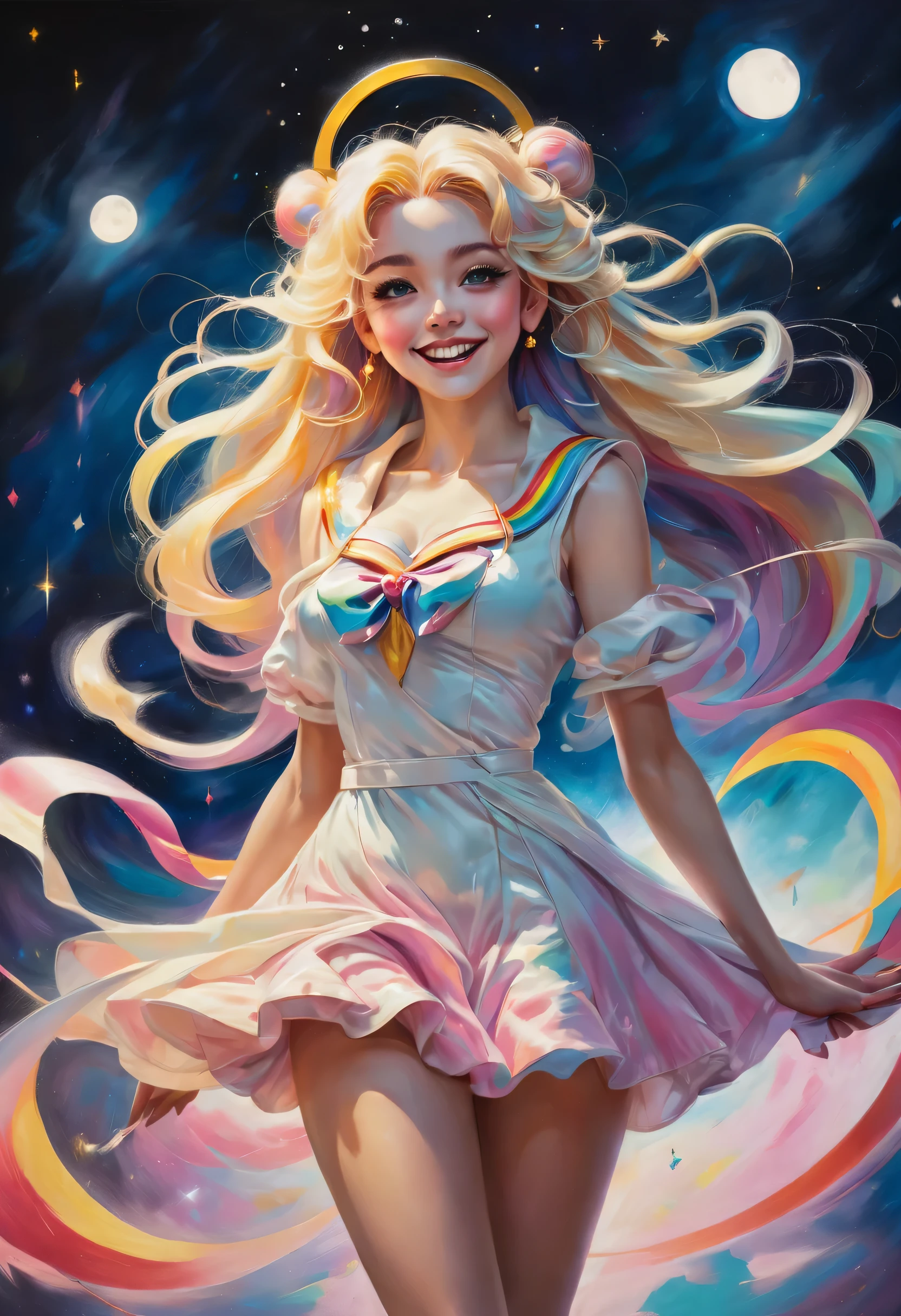 (oil painting:1.5), (NSFW:1.2), a woman joyfully twirling in the raining paint, paint raining, thick paint rainbow hair, body covered with paint, joyful, ((sfw)), calm facial expression, relaxed, gentle smile, (clothes made of liquid paint)), front view, (a girl with sailor moon style),illustration, vibrant colors, magical atmosphere,sparkling eyes,long blonde hair,anime art,smiling expression,cute pose,cosmic background,moonlit night,fantasy world,sparkling stars,stylish outfit,tiara,moon scepter,heart-shaped brooch,wavy hair,flowing ribbons,powerful magical aura,moonlight shining on her,shimmering details,glowing transformation sequence,peaceful and confident,sailor guardian of love and justice,inspired by the iconic anime series. malcolm liepke oil painting style,sexy women,detailed facial features,long flowing hair,alluring gaze,sensual lips,seductive curves,feminine beauty,colorful palette,expressive brushwork,romantic atmosphere,soft lighting,vibrant colors,sophisticated elegance,implied narrative,glimpse of vulnerability,playful confidence,dynamic poses,mysterious allure,subtle sensuality,stunning figure,oil on canvas,graceful movement,captivating charm,artistic composition,provocative allure,evocative expressions,dramatic contrast,delicate details,total mastery of paint,impressionistic rendering,passionate intensity,alluring gaze,irresistible magnetism,sublime elegance,richly textured,visual poetry,ethereal beauty,unforgettable impact