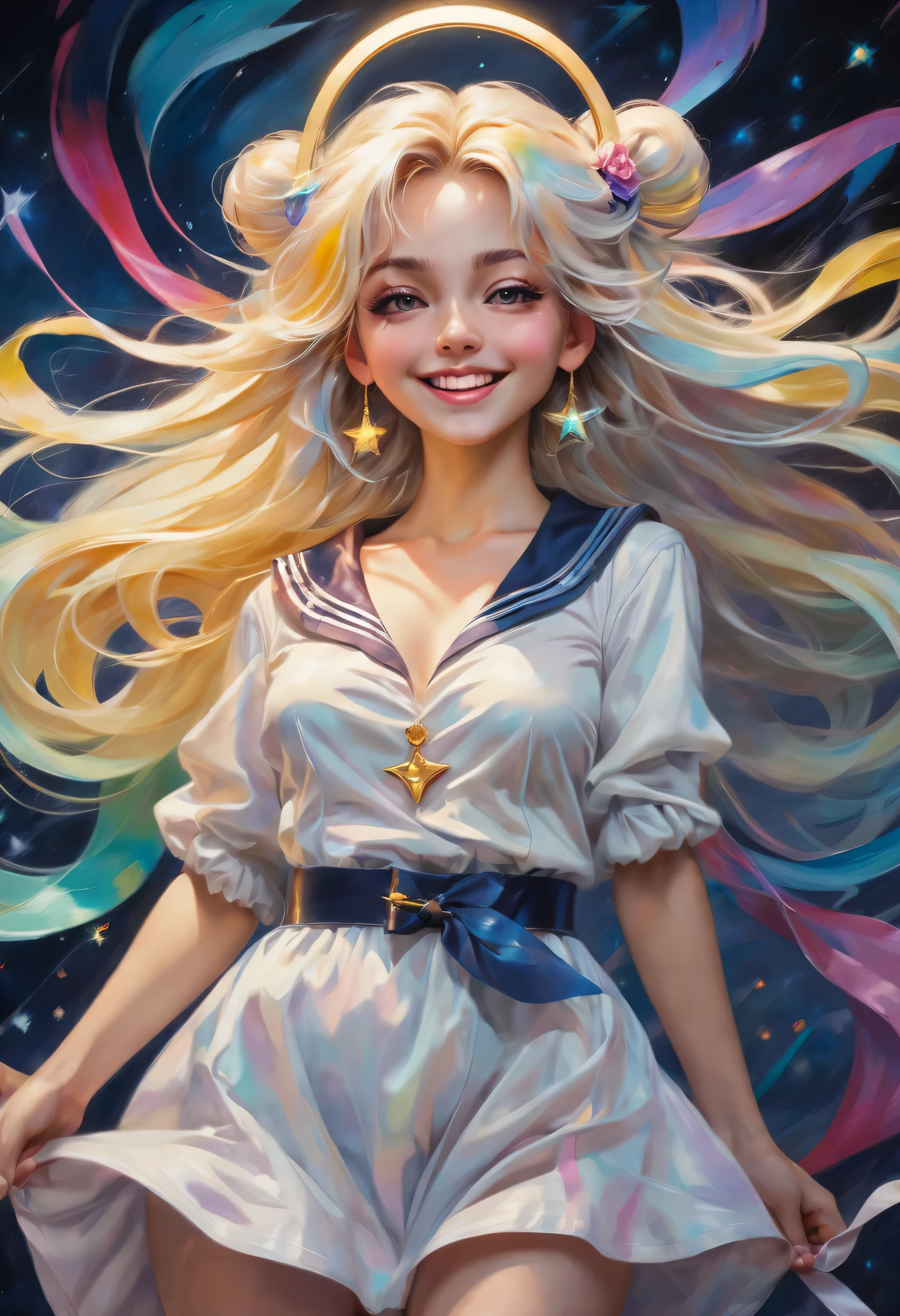 (oil painting:1.5), (NSFW:1.2), a woman joyfully twirling in the raining paint, paint raining, thick paint rainbow hair, body covered with paint, joyful, ((sfw)), calm facial expression, relaxed, gentle smile, (clothes made of liquid paint)), front view, (a girl with sailor moon style),illustration, vibrant colors, magical atmosphere,sparkling eyes,long blonde hair,anime art,smiling expression,cute pose,cosmic background,moonlit night,fantasy world,sparkling stars,stylish outfit,tiara,moon scepter,heart-shaped brooch,wavy hair,flowing ribbons,powerful magical aura,moonlight shining on her,shimmering details,glowing transformation sequence,peaceful and confident,sailor guardian of love and justice,inspired by the iconic anime series. malcolm liepke oil painting style,sexy women,detailed facial features,long flowing hair,alluring gaze,sensual lips,seductive curves,feminine beauty,colorful palette,expressive brushwork,romantic atmosphere,soft lighting,vibrant colors,sophisticated elegance,implied narrative,glimpse of vulnerability,playful confidence,dynamic poses,mysterious allure,subtle sensuality,stunning figure,oil on canvas,graceful movement,captivating charm,artistic composition,provocative allure,evocative expressions,dramatic contrast,delicate details,total mastery of paint,impressionistic rendering,passionate intensity,alluring gaze,irresistible magnetism,sublime elegance,richly textured,visual poetry,ethereal beauty,unforgettable impact