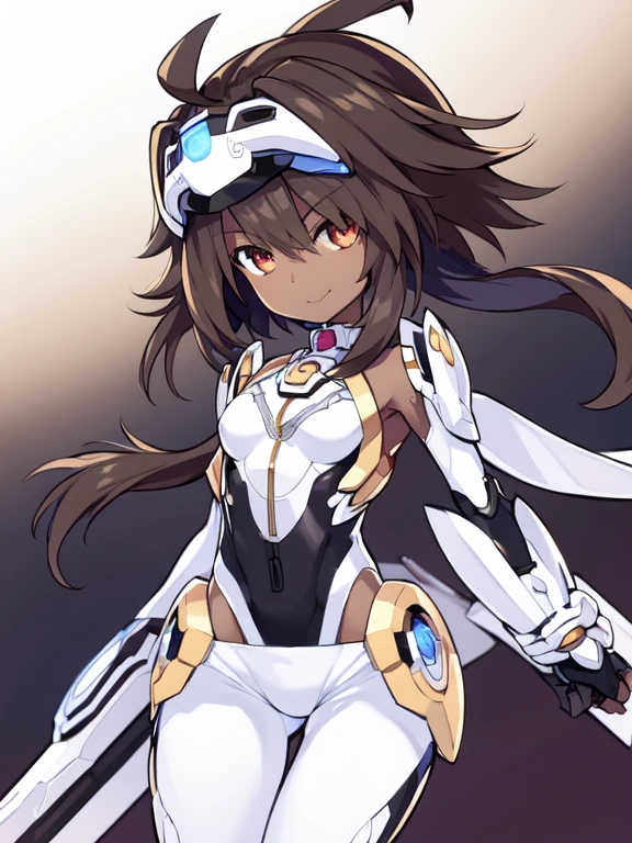 Masterpiece, highly detailed, ultra quality, ultra high .res, amazing quality, superior quality, glowing, date a live, xenosaga, Hyperdimension Neptunia white heart, no game no life, flat chested, (male), (9 year old boy), otokonoko, (((Dark skin))), cute, big innocent ruby red eye's, (dark brown hair), (white Mechanical exoskeleton), ((mecha_musume)),(((white elbow gloves))),((black bodysuit)),(floating_armor),Mechanical headgear, white mecha thigh armoured attachment, black pants leggings, zoom in, close up, pose, adorable smile, adorable, visor