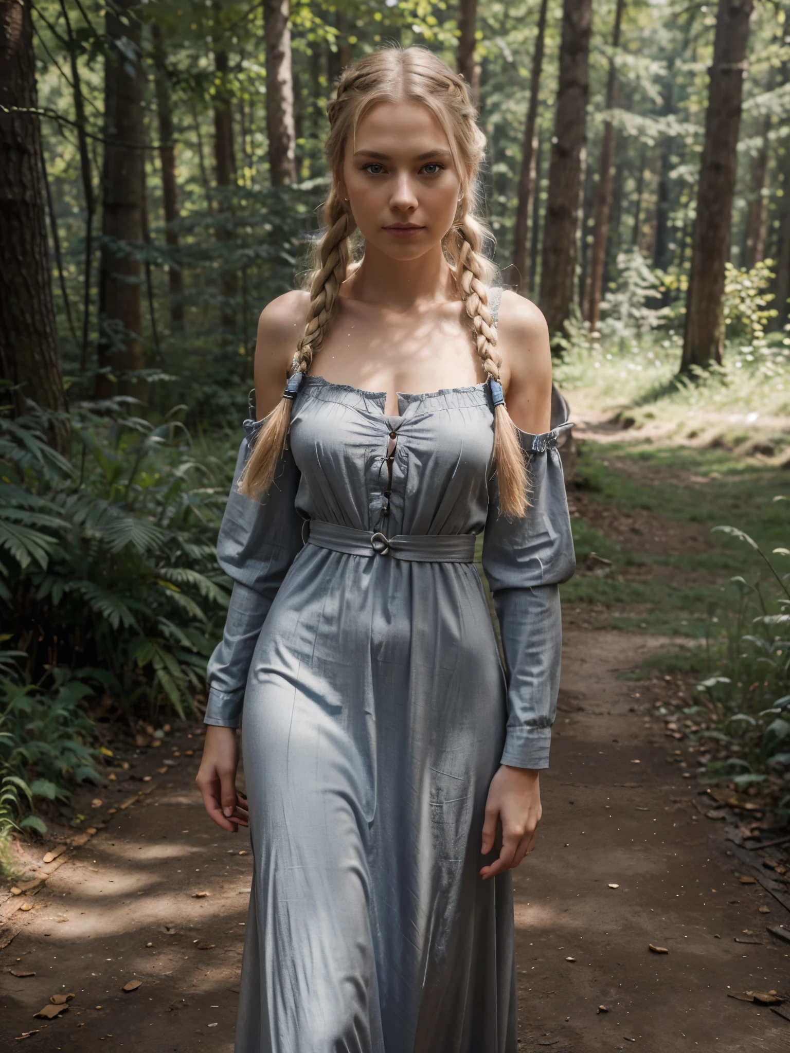 8k, RAW photo, best quality, ultra high resolution, photorealistic, realistic photo of skinny blonde slavec petting the wolfe, most beautiful slavec girl in the world, (slavec blonde girl, slim face, blue eyes, long braid, single braid hair), in the forest, looking at wolfe, wolfe, (full body portrait), wearing grey long dress, (grey long dress), looking at the wolfe, sexy face, (extremely detailed CG unity 8k wallpaper), 8k uhd, dslr, bright lighting, high quality, Fujifilm XT3 sharp focus, f 5.6, High Detail, Sharp focus, (natural bright light)