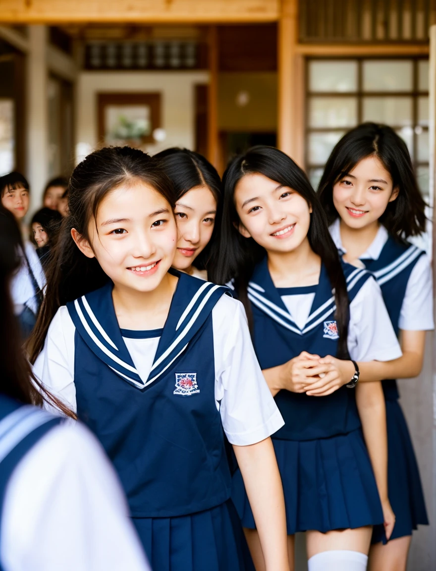 Japan Sailor School Uniform、high school girl、a look full of compassion、16 years old、7 head and body、Everyone is good friends、