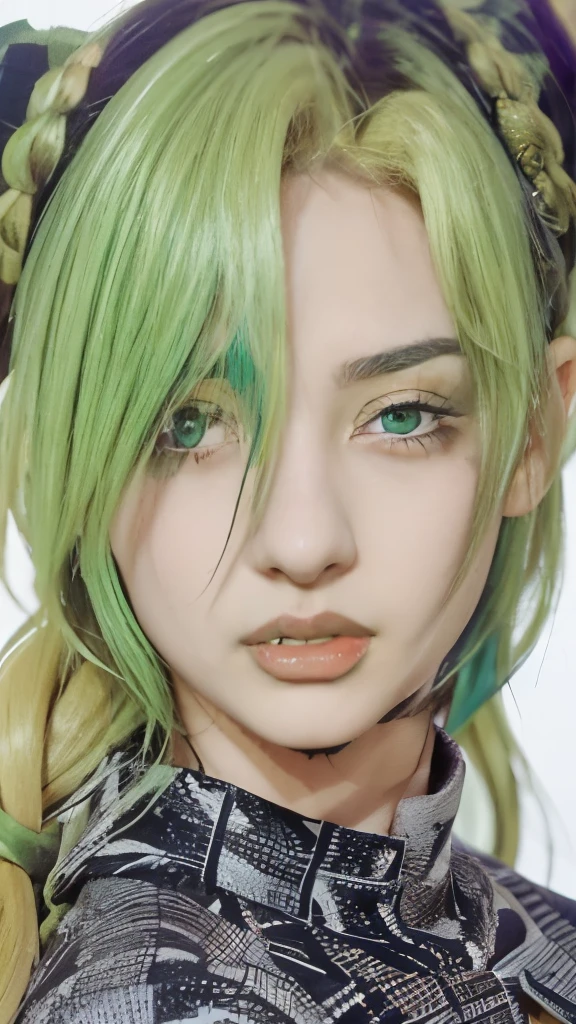 anime girl with green hair and blue eyes with a ponytail, detailed portrait of anime girl, stunning anime face portrait, demon slayer rui fanart, anime style portrait, beautiful anime portrait, beautiful anime face, anime portrait, detailed anime face, green colored skin!!, anime character portrait, face anime portrait, pretty anime face, portrait of an anime girl, anime girl portrait