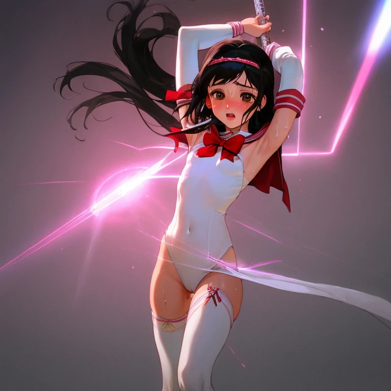 {{{{amazing quality, great quality, high quality, very aesthetic, aesthetic, best quality}}}}, 
realistic, photo, shadow, Three-dimensional, absurdres, Digital art, 
{{{{Magical girl}}}}, beautiful girl, one girl, 
black hair, long hair, straight hair, trimmed hair, shiny hair, blunt bangs, short sideburns, 
brown eyes, tareme, 
{{flat chest}}, {{small breasts}}, {{detailed body}}, slim thighs, thin thighs, 
{{white leotard}, {leotard peek}}, {{pink sailor collar}}, {{pink elbow_gloves}}, {{red boots}}, 
ribbon trim, red bow tie, heart brooch, thigh strap, white headband, white circlet, white cloak, 
{{both shoulders expose}}, {{covered navel}}, 
{{magic circle}}, distress, resistance, defeat, sexual pleasure, troubled face, 
orgasm, sensitive body, Sweat, trembling, 1girl, arms up, 5enemies, attack, restrain arms, restrains legs, touch, caress, fondles, breast grab, grabbing another's breast, crotch grab, 