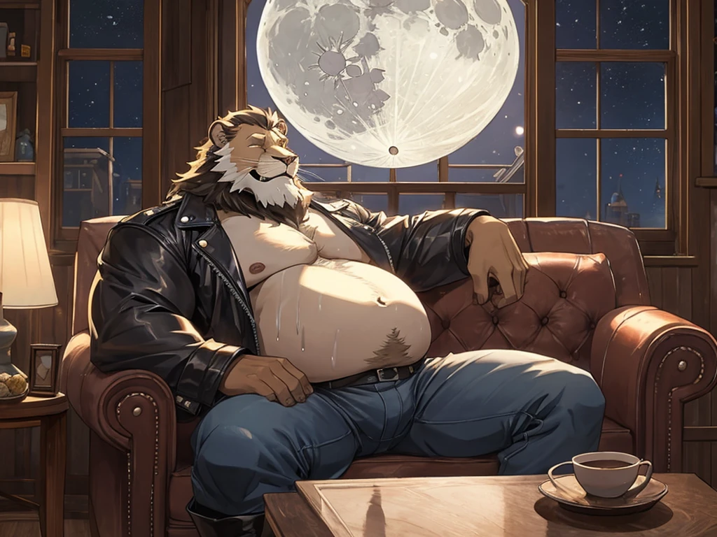 Old lion grandpa sleeping on a small couch, strong muscles, big round belly, wearing black leather jacket and jeans and boots, saliva, wet body, happy face, living room, window, moon light