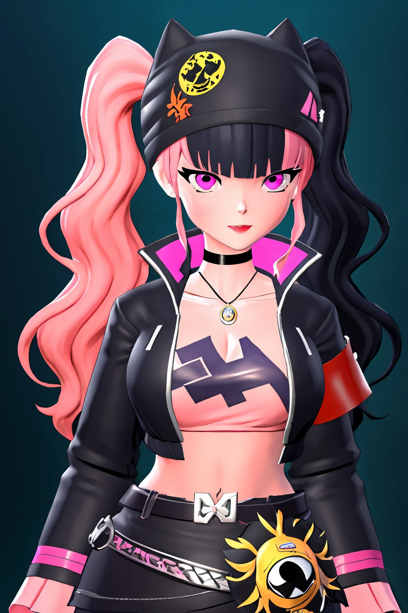 masterpiece, best quality,ZOE,1girl,jacket,multicolored hair,twintails,solo,black hair,black belt,black jacket,pink eyes,belt,hat,pink hair,choker,black choker,looking at viewer,crop top,jewelry,breasts,necklace,bangs,long hair,black headwear