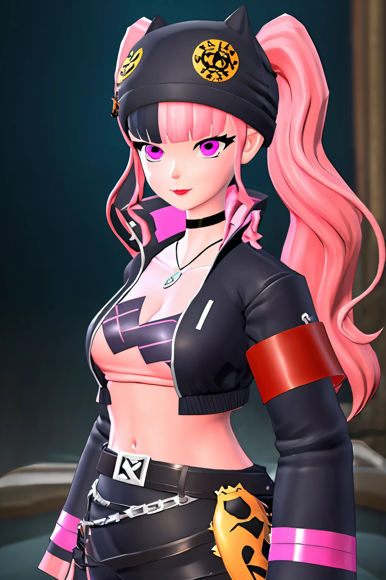 masterpiece, best quality,ZOE,1girl,jacket,multicolored hair,twintails,solo,black hair,black belt,black jacket,pink eyes,belt,hat,pink hair,choker,black choker,looking at viewer,crop top,jewelry,breasts,necklace,bangs,long hair,black headwear