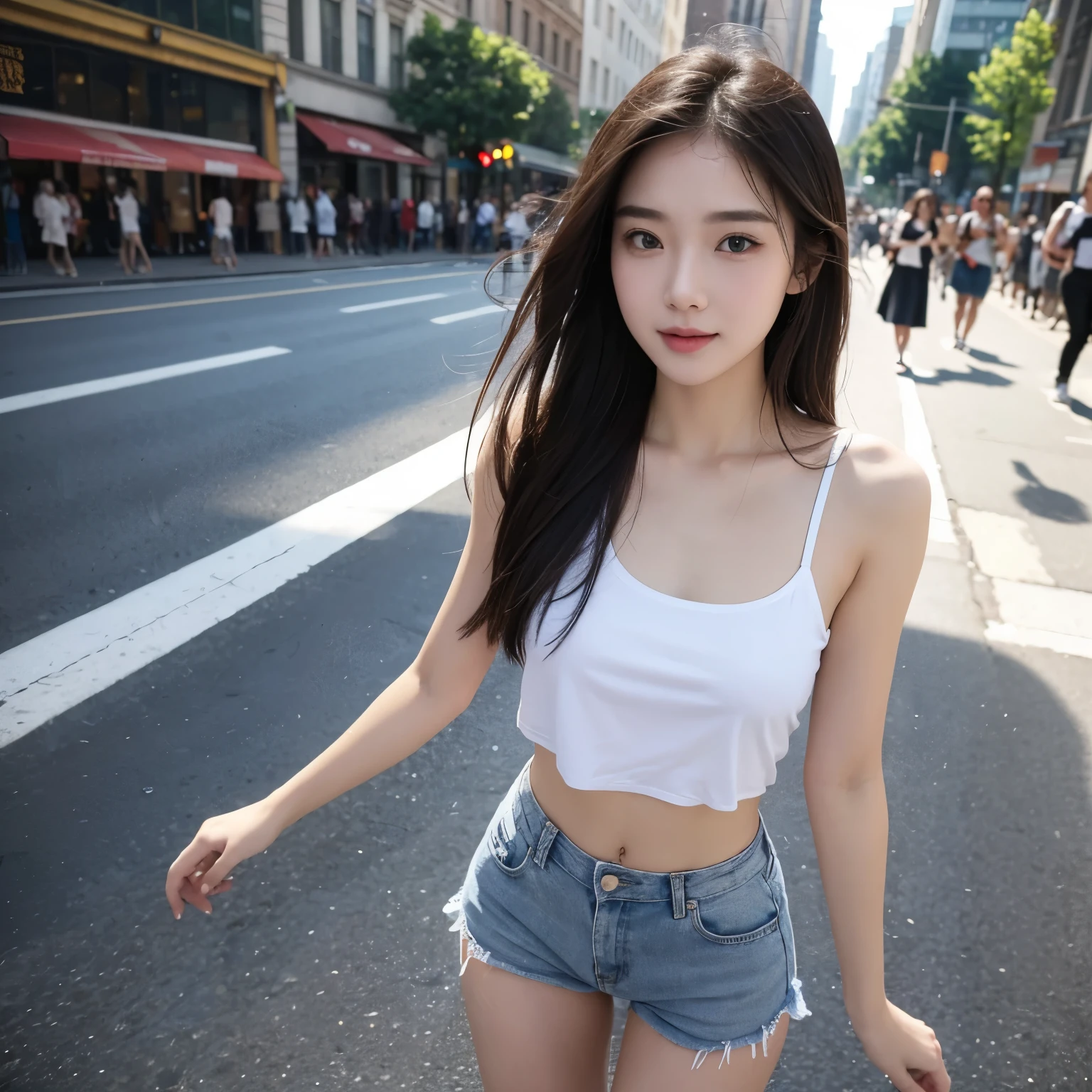 beautiful girl,Wear only underwear,Stand in the middle of the street,whole body,Stand in the middle of the crowd,((best quality)), ((masterpiece)), (detailed), perfect face,an look of enjoyment,There is water running down between the legs
