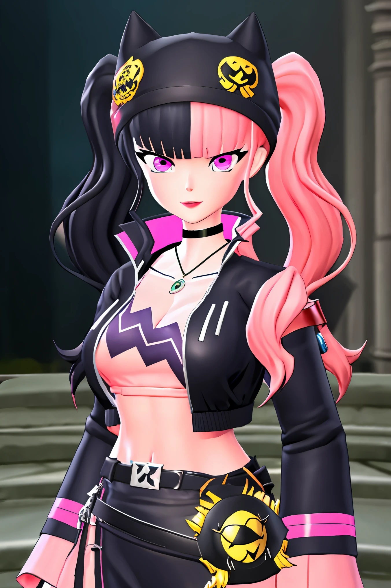 masterpiece, best quality,ZOE,1girl,jacket,multicolored hair,twintails,solo,black hair,black belt,black jacket,pink eyes,belt,hat,pink hair,choker,black choker,looking at viewer,crop top,jewelry,breasts,necklace,bangs,long hair,black headwear