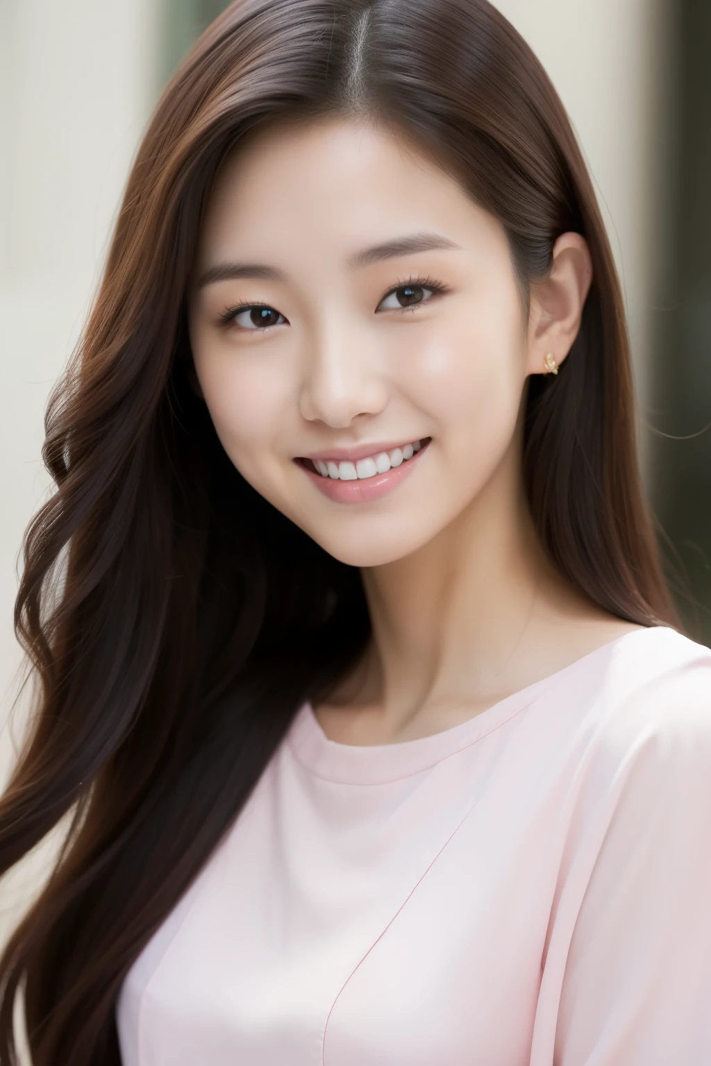 arafed asian woman (Heather Kim) with long brown hair smiling at the camera, gorgeous young korean woman, young adorable korean face, beautiful young korean woman, young cute wan asian face, asian beautiful face, beautiful south korean woman, korean face features, beautiful young asian woman, asian girl with long hair, smiling fashion model face, korean girl, beautiful asian girl, a young asian woman, pink blouse