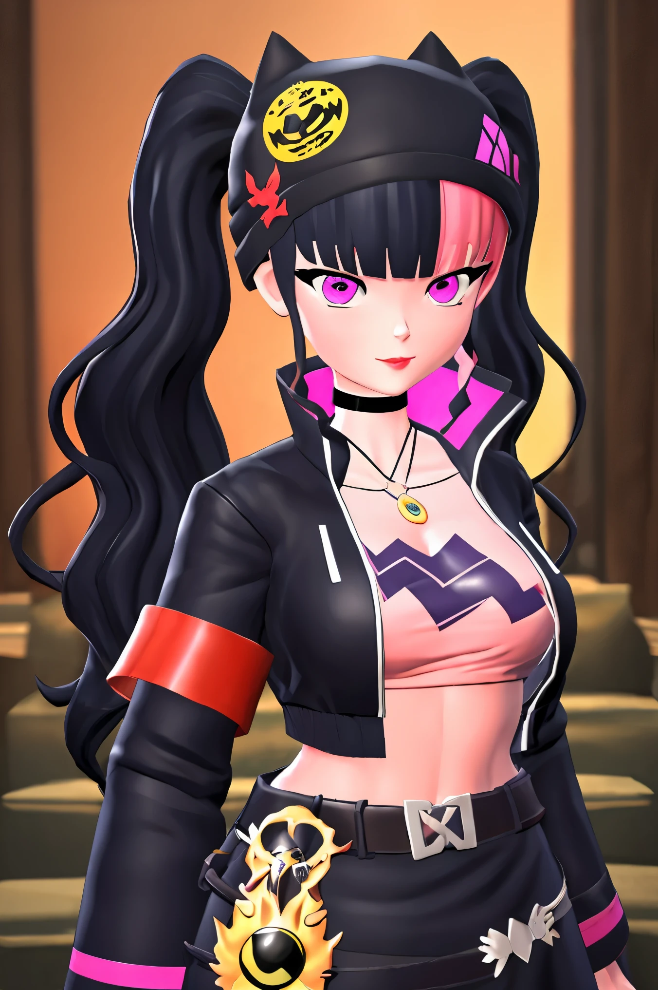 masterpiece, best quality,ZOE,1girl,jacket,multicolored hair,twintails,solo,black hair,black belt,black jacket,pink eyes,belt,hat,pink hair,choker,black choker,looking at viewer,crop top,jewelry,breasts,necklace,bangs,long hair,black headwear