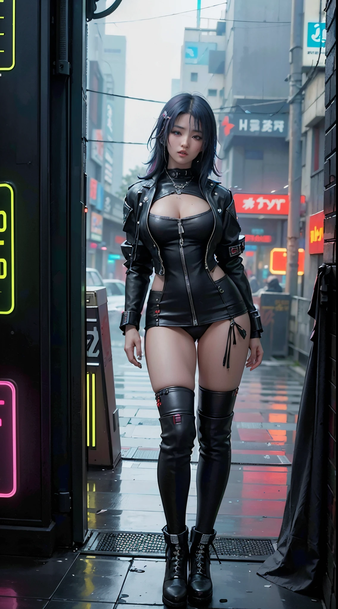 ((Best Quality)), ((Masterpiece)), (High Definition:1.3), 3D, Beautiful (Cyberpunk:1.3) Colored hair, black clothes looking at camera, young, hacker woman showing big breasts, sticking out, sexual, seduction, buttocks, crotch, on it, neo tokyo