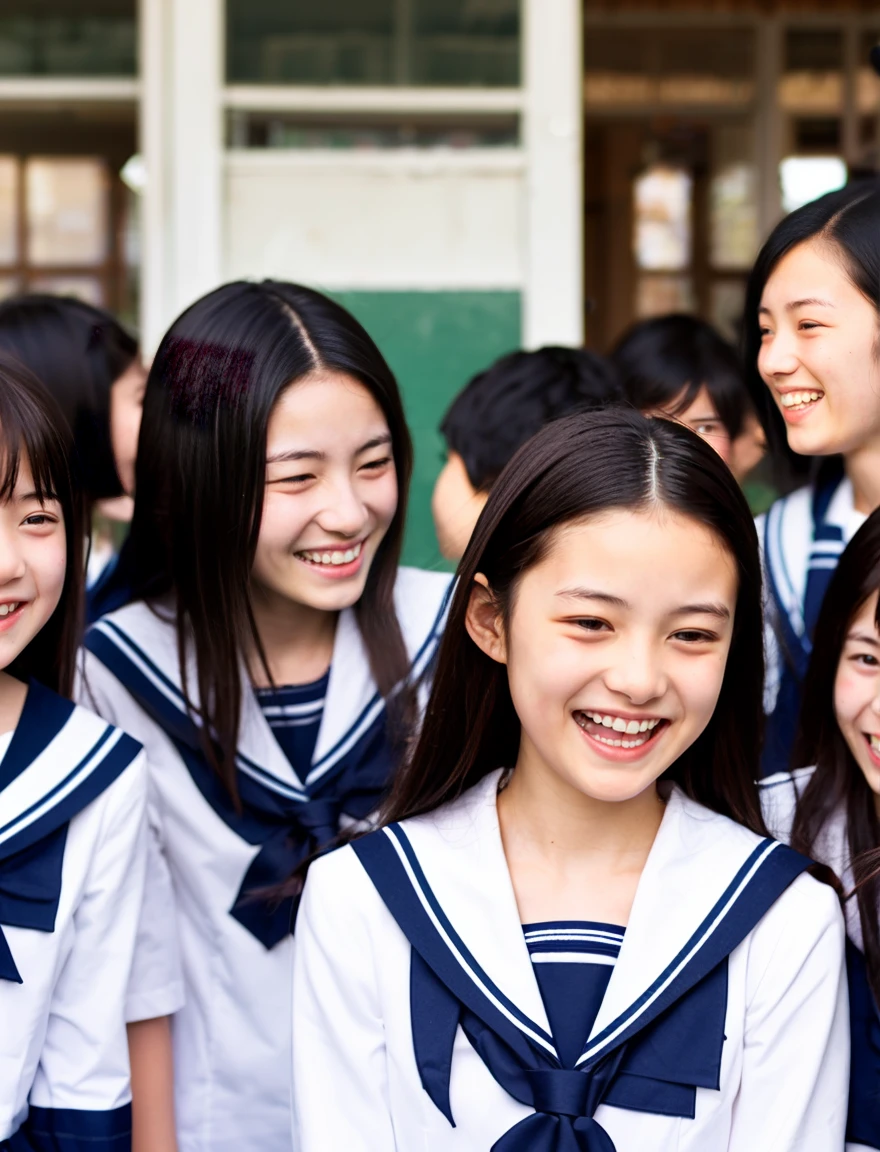 japanese school uniform、high school girl、a look full of compassion、18-year-old、7 head and body、Everyone is good friends、sailor suit、Laugh、Crying、beautiful girl、