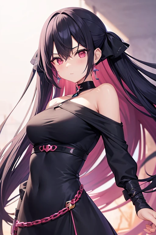 Anime girl
Black long wavy multicolored_hair(rainbow gradient hair)
Red colored eyes
Cute
Sexy girl
Solo girl
1 girl
Beautiful breasts
Wearing cat keyhole lingerie