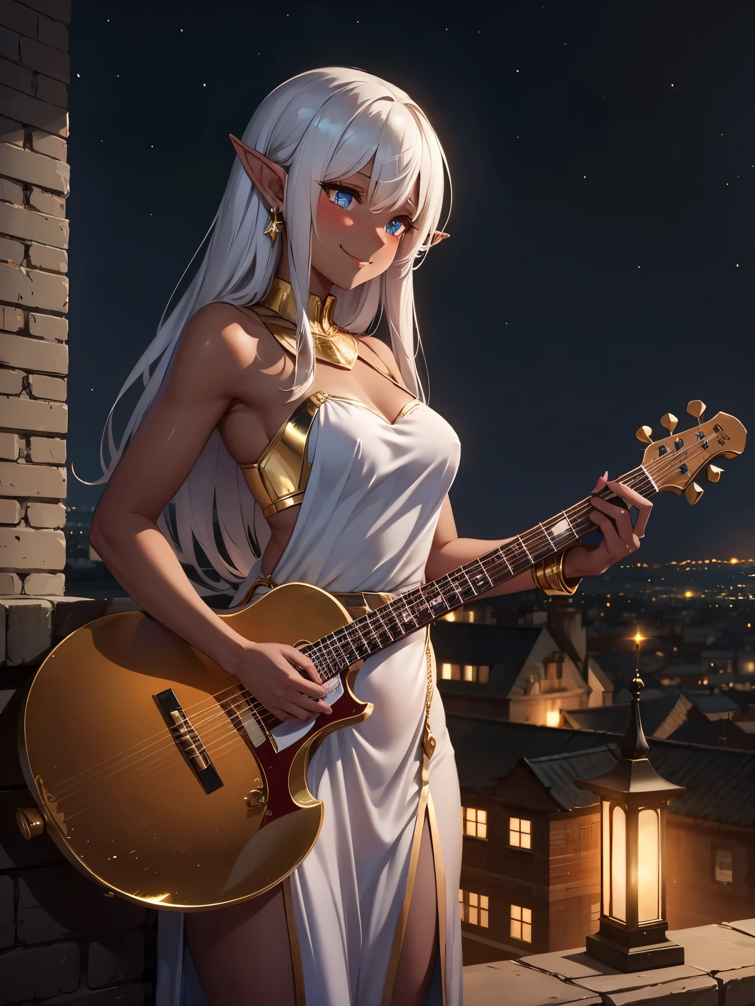 blushing, shiny hair, shiny clothing, shiny eyes, shiny gold, very dark skin reflecting, cute innocent smile, elf girl, elegant silver dress, gold accessories, skinny body, night rooftop, medieval city, playing a heavy instrument