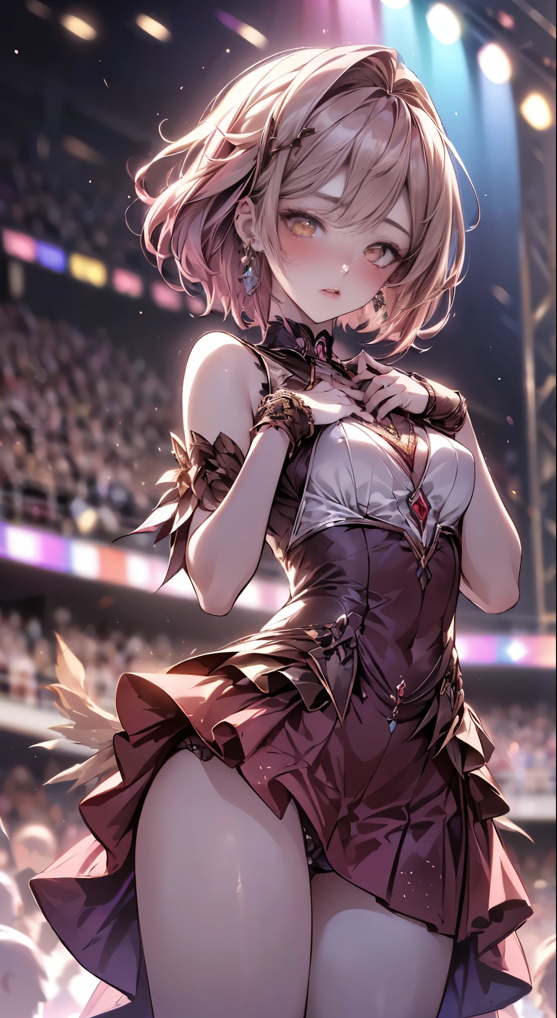 (masterpiece:1.2, highest quality), (realistic, photorealistic:1.4), beautiful illustrations,
looking at the viewer, whole body, Front view:0.6,
1 female, Japanese, ((Vermilion hair:1.5, Handsome Shorthair:1.5)), blown hair, bangs, ((small breasts, peach butt))
beautiful hair, beautiful face, beautiful and detailed eyes, (yellow eyes:1.3), beautiful clavicle, beautiful body, beautiful breasts, beautiful thighs, beautiful feet, beautiful fingers,
(beautiful scenery), beautiful concert stage,
((polka dot dress:1.3, detailed accessories, vest, mini skirt)), panties,
(Are standing, lift the skirt, Grab the hem of the skirt, put your hand on your chest, hand between legs, open your legs:1.3),
(Look at the viewer while blushing:1.3), ((idol costume:1.5))