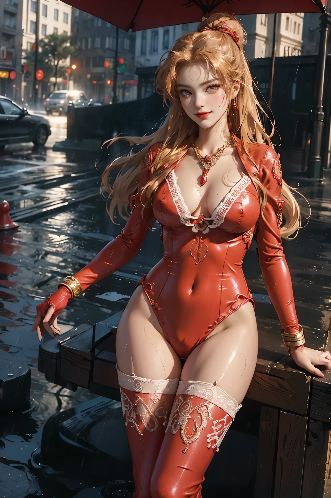 (masutepiece, Best Quality), ultra-detailliert, Photorealsitic, Beautiful woman with blonde ponytail, ((Detailed red lace bodysuit)), Red garter belt, a necklace, A bracelet, anklets, ((lace decoration)), high-heels, Wavy Hair, Perfect face, Beautiful face, enticing, big gorgeous eyes, I have my mouth wide open, red-lips, makeup, heavy eye makeup, seducting smile, Voluptuous body, seducting smile, Glamorous body, Big ass, a wet body, (plein air), suggestive pose, Rainy cityscape, Wet with rain, Bright colors, Facing the body forward