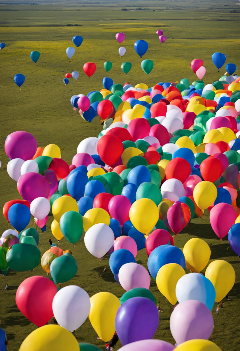 Colorful ad balloons, great plains, spectators, sunny spring, rising high, best image quality.