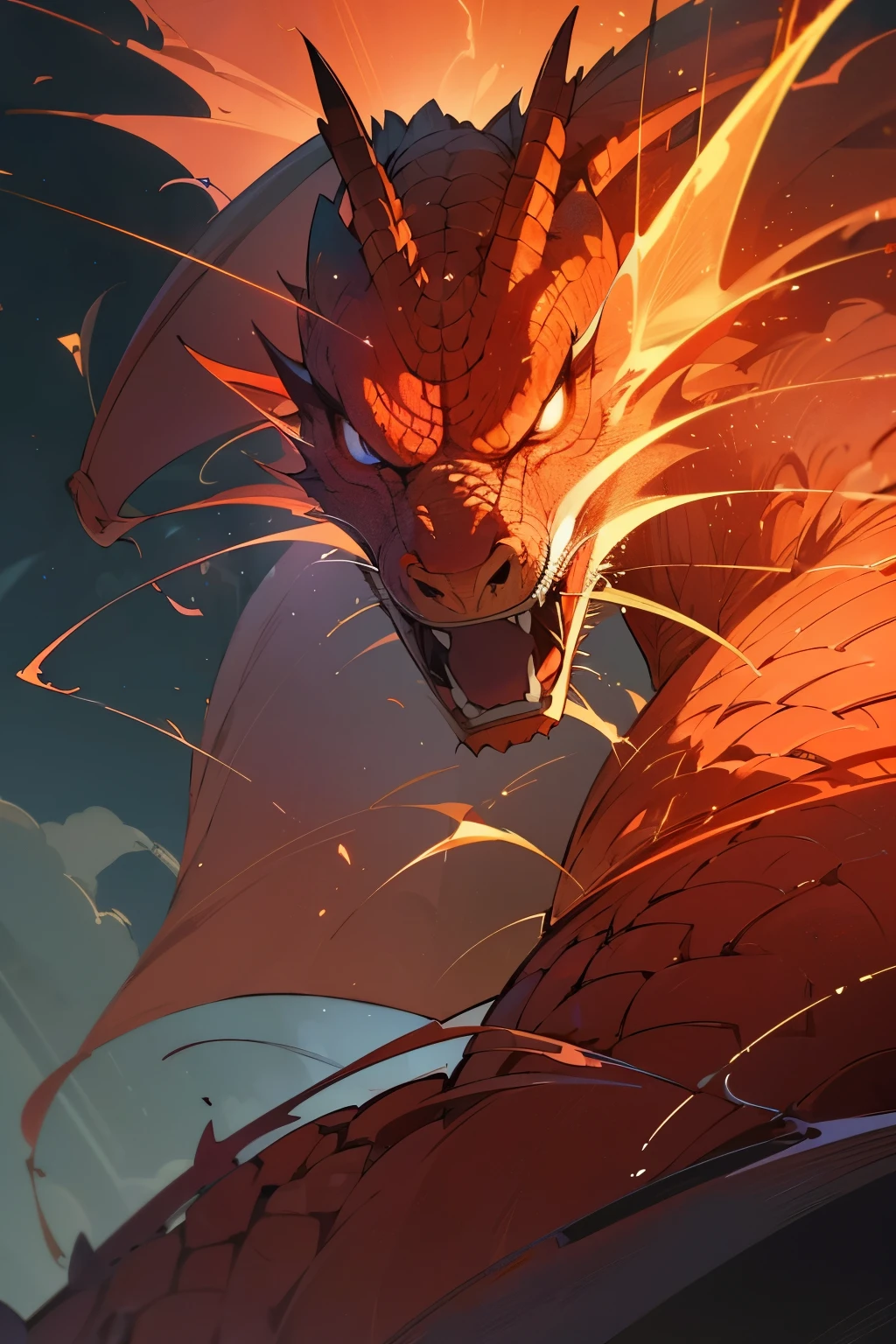(best quality, highres, realistic:1.37), chinese red dragon close up, lampion light, fireworks, 2d anime, vibrant color palette, glowing scales, fierce expression, intricate details, dynamic composition, traditional Chinese art style, ethereal atmosphere, cinematic lighting, atmospheric smoke, sparks and embers, mystical aura, vibrant energy, mesmerizing movements, dramatic poses, magical fantasy world