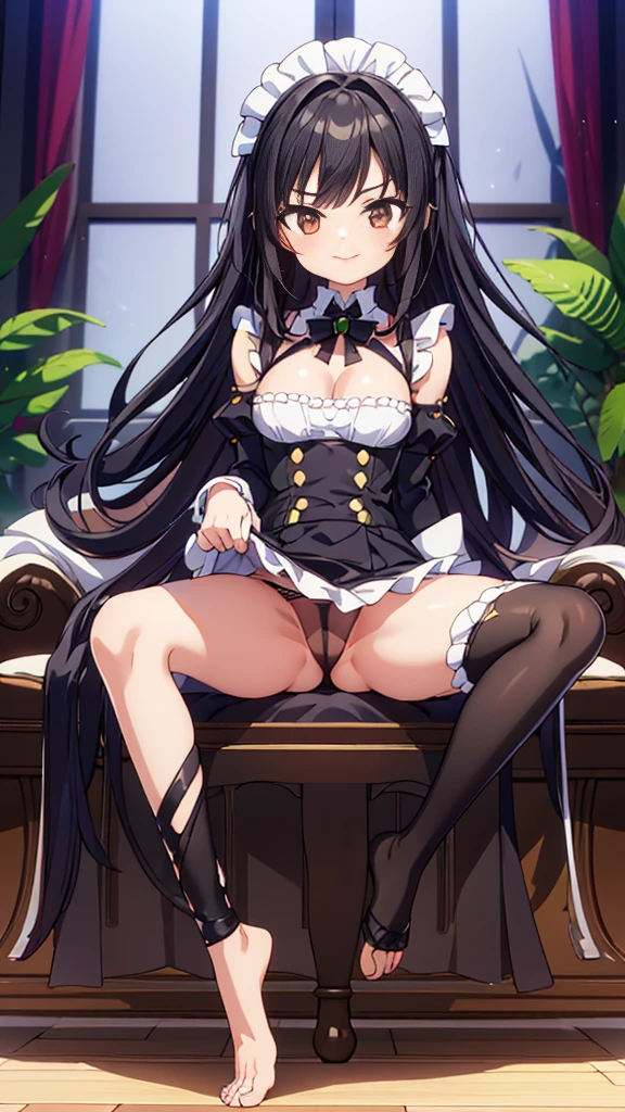 perfect anatomy, 1 beautiful girl, 24-years-old, black hair, semi long hair, messy hair, cute face, Drooping eyes, brown eyes, evil smile, shiny skin, cosplay, Maid outfit, miniskirt, black panties, barefoot, spread legs, lift up legs, dark natural light, living room, nsfw
