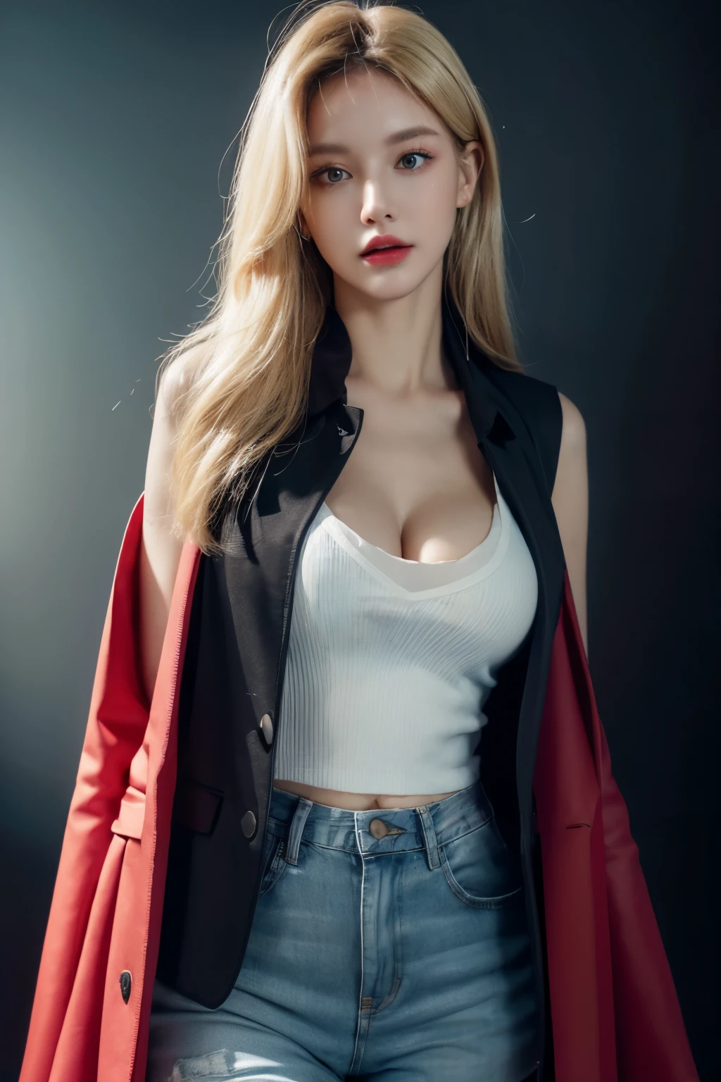 A slender woman, red glossy lips,(Extremely detailed beautiful face)), (best quality), (Super detailed), (Extremely detailed CG unified 8k wallpaper),original photo, (standing), (dark cyan background:1.5),(cleavage),(average light source),black shorts,(blonde),(studio Light),(非常average light source),(Frontal fill light),(Frontal light source),(black vest),(coat),jeans