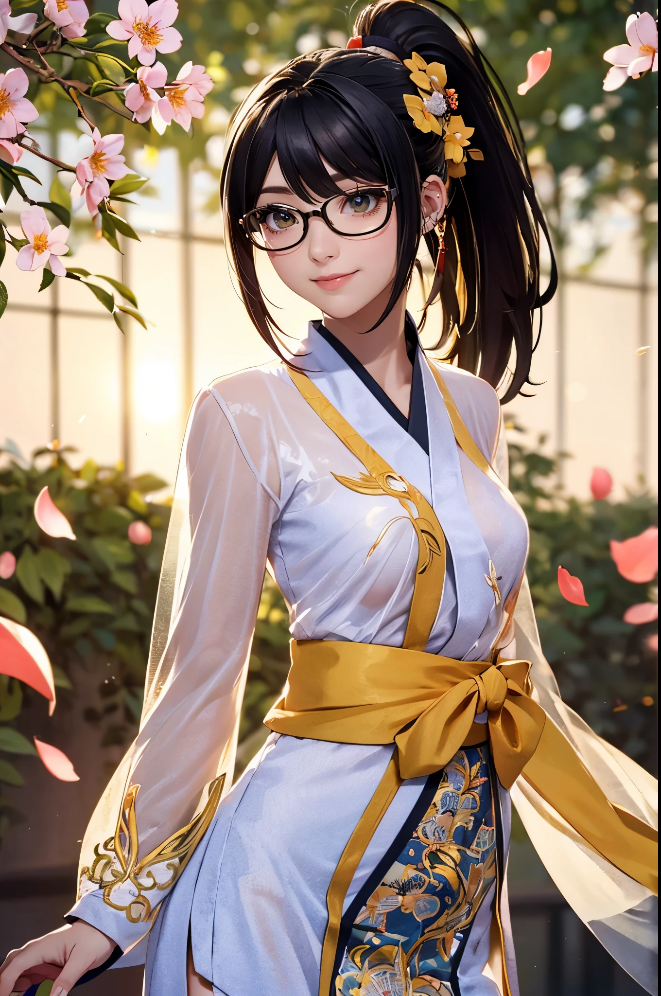 Wide shot, Beautiful girl, black hair in a ponytail, bangs, a hair accessory, wearing glasses, a bright smile, small breasts, a slim waist, (wearing a hanfu ((see-through)) with many layers of intricate details (light yellow)) , Dresses fluttering in the wind, seductive dances, the backdrop is an island with only peach trees in full bloom, many peach petals fluttering, morning light, anime, high quality