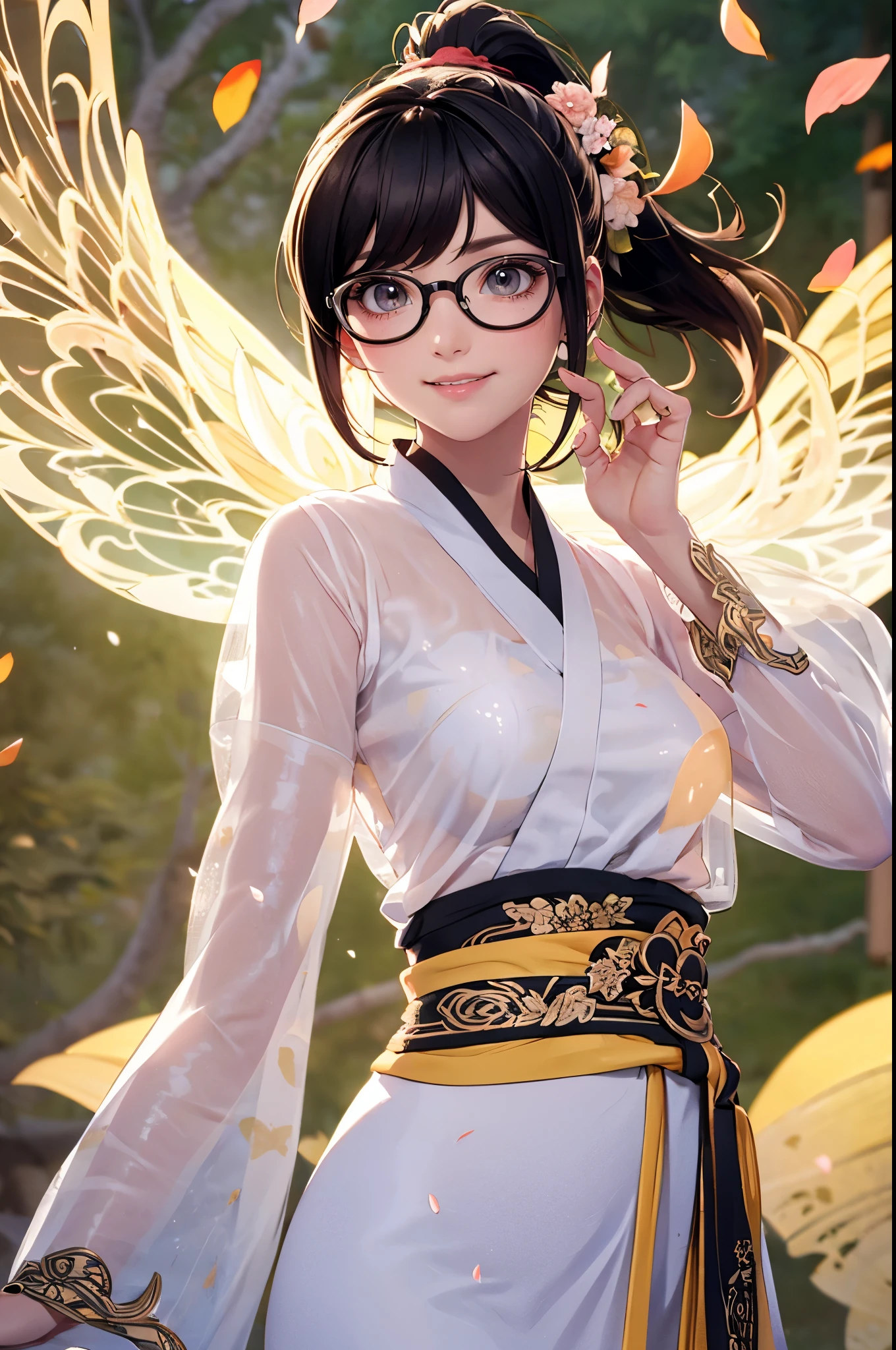 Wide-angle shooting, beautiful girl, black hair in a ponytail, smooth, hair accessories, wear glasses, bright smile, small breasts, Thin waist, (Wear Hanfu ((see through)) with many layers of intricate details (Light yellow)) , Clothes flutter in the wind., seductive dance, The background is an island with only peach trees in bloom., Many peach blossom petals flutter., morning light, anime, High quality