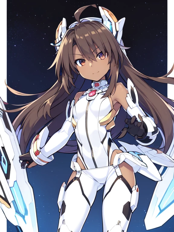 Masterpiece, highly detailed, ultra quality, ultra high .res, amazing quality, superior quality, glowing, date a live, xenosaga, Hyperdimension Neptunia white heart, no game no life, flat chested, (male), (9  boy), otokonoko, (((Dark skin))), cute, big innocent ruby red eye's, (dark brown hair), (white Mechanical exoskeleton), ((mecha_musume)),(((white elbow gloves))),((black bodysuit)),(floating_armor),Mechanical headgear, white mecha thigh armoured attachment, black pants leggings, zoom in, close up, pose, adorable smile, adorable, visor