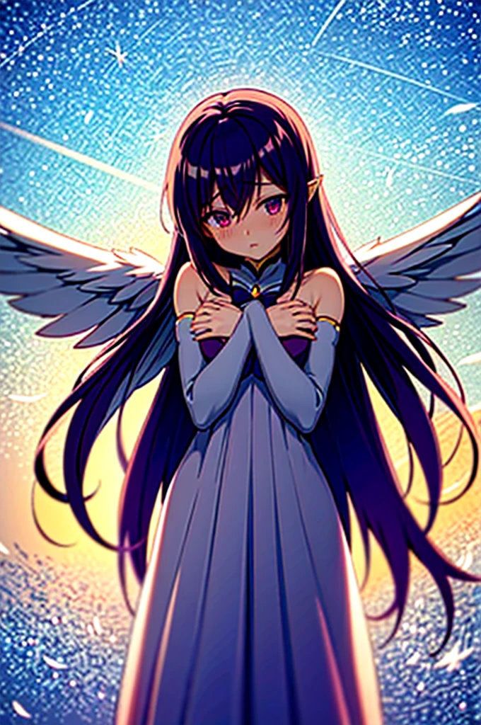 The whole body of an anime-style magical girl who wants to fly away with her own wings, spreads her big wings, bends her arms upwards, blushes shyly, and tries hard but cannot fly away.