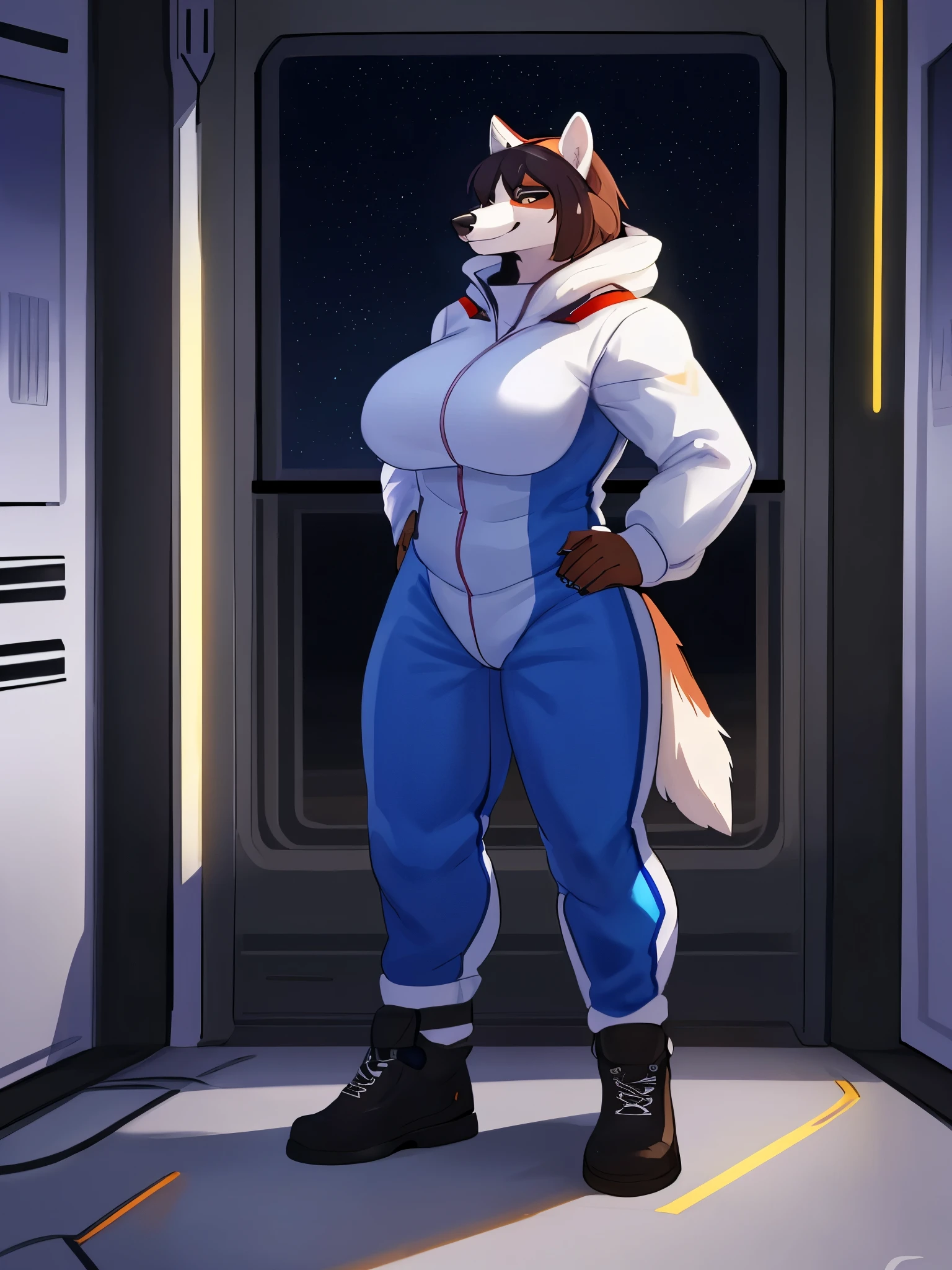 By bebebebebe, by lostgoose, by goonie-san, solo, female, (snout, big nose, hair), smirking, muscular, big breasts, standing, badger, detailed spacesuit, spaceship, space, window