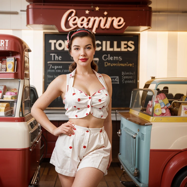 Please create an image of a woman dressing as a 1940s ice cream saleswoman, retro vibe, (1940s), pinup