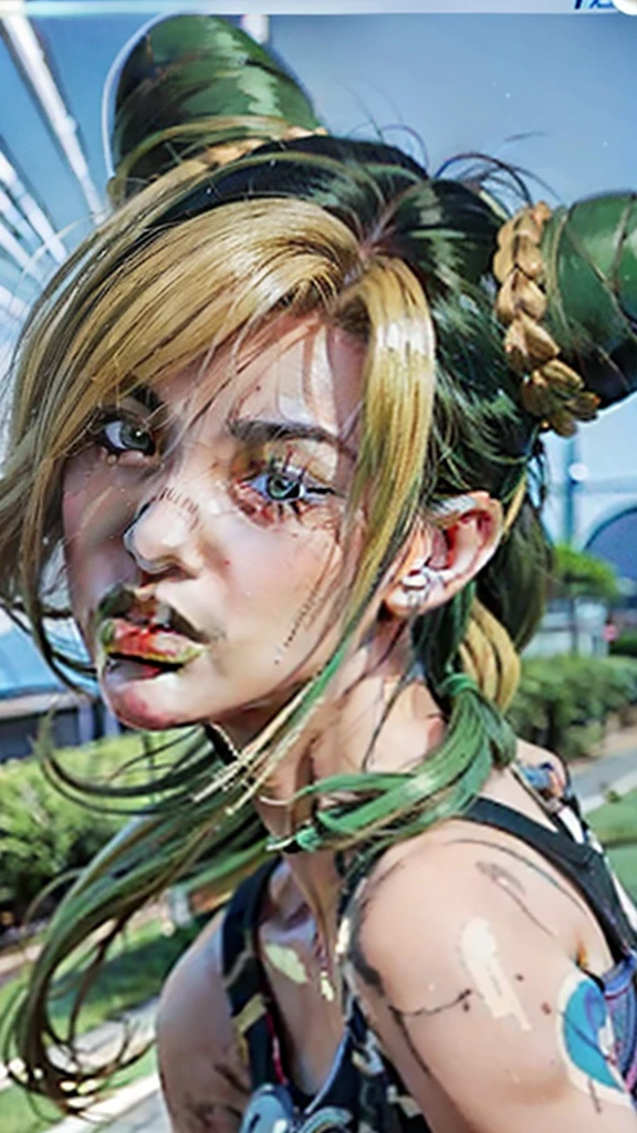 a close up of a cartoon girl with green hair and a ponytail, lucio as a woman, female lucio, senna from league of legends, portrait knights of zodiac girl, avatar image, kda, onmyoji portrait, anime style character, discord profile picture, anime style portrait, anime art style, official artwork, portrait of chun - li