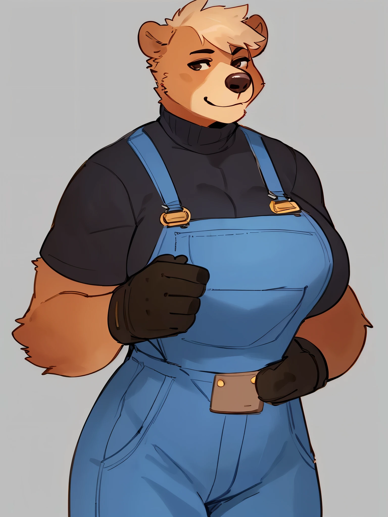By bebebebebe, by lostgoose, by goonie-san, solo, female, bear, (snout, big nose, hair), sunbear, tan hair, smirking, muscular, big breasts, standing, overalls, turtleneck shirt with shirt sleeves, heavy duty gloves