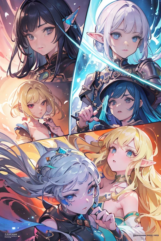 Masterpiece, 4girls, each dressed as a maid. The maids are wearing identical uniforms, beauty and cute, high detailed, dinamic lighting, vivid colours, big breasts, massive cleavage exposed, A giant spacecraft navigating interstellar space, Sophisticated design, huge geometric figures stacked in layers,standing, white skin, blue eyeballs, blonde hair, happys, various hair styles, harem, perfect eye, perfect face, Symmetrical eyes, well-aligned, with a natural and proportionate gaze, Observing their master with a servile gaze, elfs, In the background are spaceships
