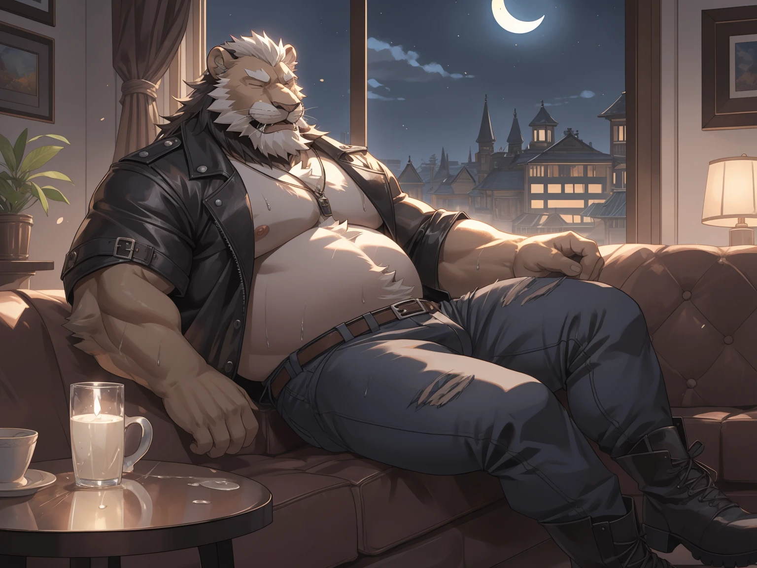 Old lion grandpa sleeping on a small couch, strong muscles, big round belly, wearing black leather jacket and jeans and boots, saliva, wet body, happy face, living room, window, moon light, solo character, by adios, by lindong