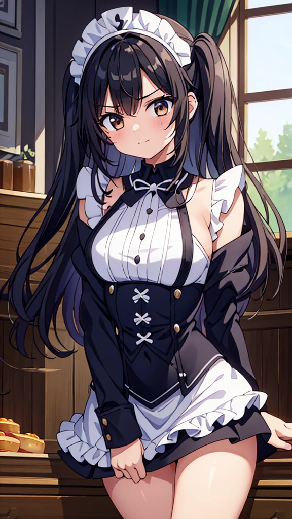 perfect anatomy, 1 beautiful girl, 24-years-old, black hair, Medium hair, messy hair, cute face, Drooping eyes, brown eyes, evil smile, Embarrassed face, shiny skin, cosplay, Maid outfit, miniskirt, black panties, barefoot, spread legs, lift up legs, dark natural light, living room,