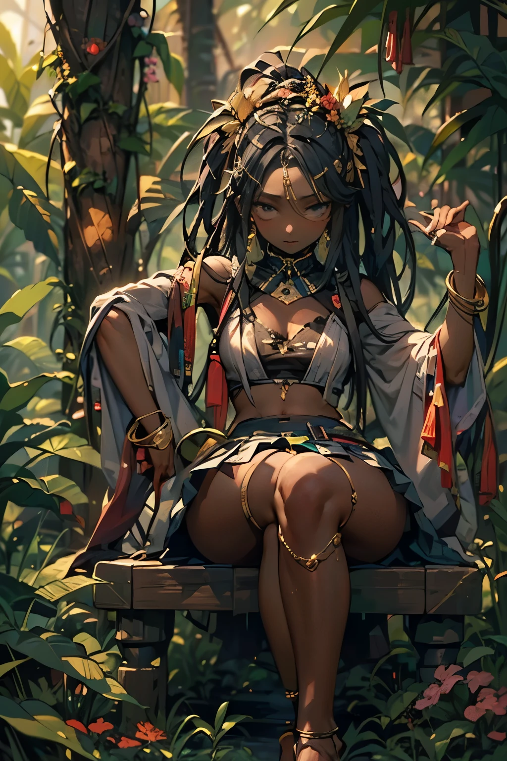 Benevolent ((dark-skinned ((メスガキ ロリビッチ)) goddess)) with dreadlocks sitting on a squat throne with her pretty perfect feet up while drinking coffee, wearing golden bracelets and anklets, short pleated skirt, plump thighs, high quality photo, in the middle of the Tokyo cannabis forest behind her