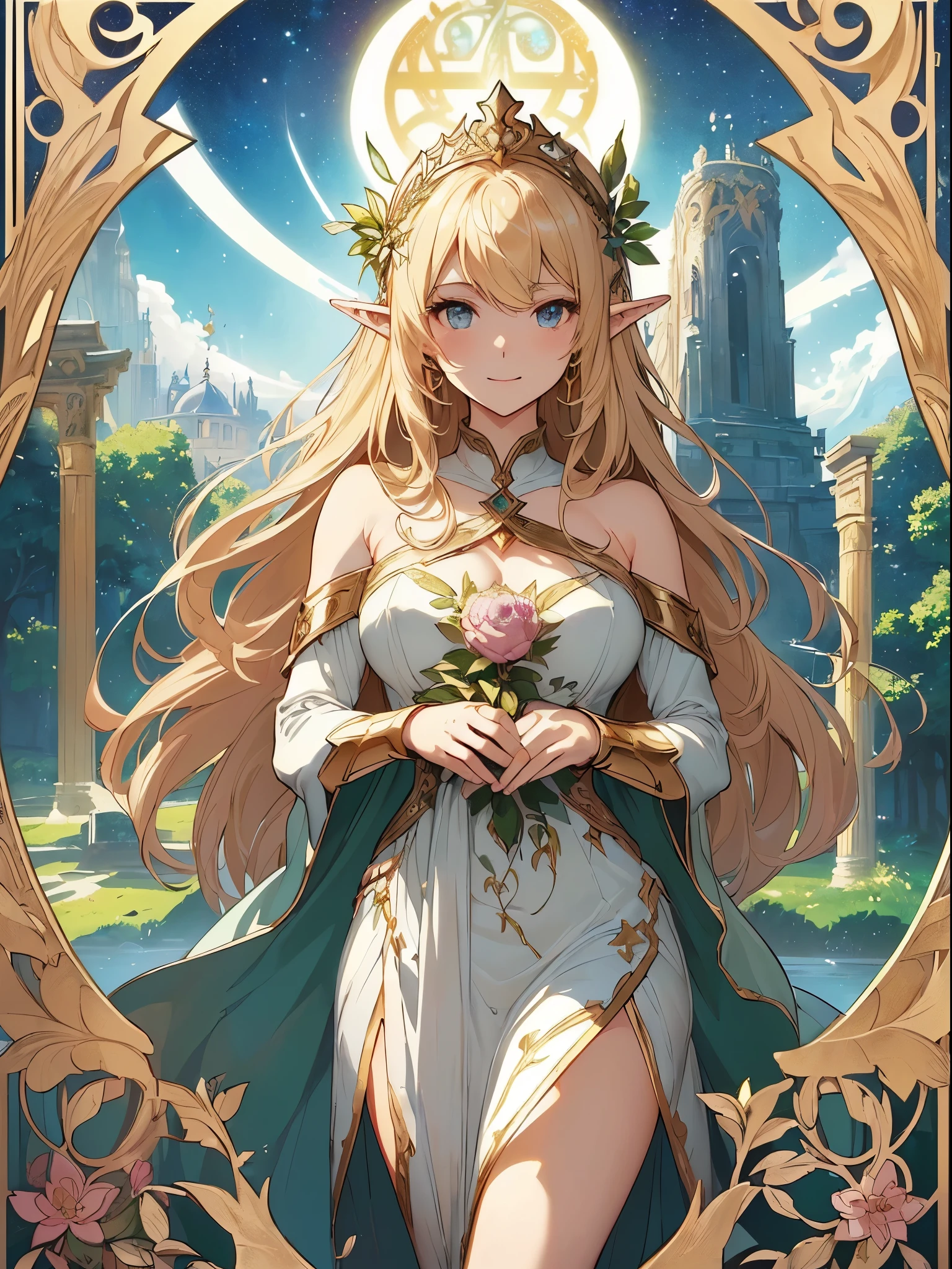 highest quality、Highest image quality、masterpiece、Super beautiful elf beauty from behind((22 years old OL big bust、bust 90,beautiful long ironed hair、blonde、、slender、Close-up、Esbian、beautiful tiara、High quality、beautiful art、background((starry ski)))muste piece、visual art、Depth of bounds written、、elf ears、、magic of light、space knight、harp melody🎵、A happy smile、gentle light、、Beautiful legs that are gentle on the skin、、、Number of fingers to achieve precise finger movements、ticker beautiful decorative、elegant、mystical　rosa、　heaven、beautiful dressy、beautiful dress、、giant galaxy、、temple of time、great watch、hourglass、sundial、moment of creation！myth、alphonse mucha art、art nouveau、ancient greece、Rome、byzantine art、gold foil、Raphael&#39;s paintings、renaissance art、Lord of the Ring、sexy、friendly smile、fairy forest、Summer Forest、massive trees、Fantastic、many branches and leaves、flower、super REALITY