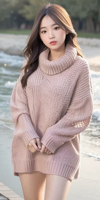 One girl walking on the river, mix 4, sweater, pillow, lips, Open_mouth, realistic, photograph_\(Moderate\), alone, Packed_animal, Packed_toy, teddy_bear,(masterpiece),(photographrealistic:1.3), super detailed, (high definition skin:1.2),(highest quality:1.0), (ultra high resolution:1.0), (Ulzzang-6500:0.3), wavy fine hair, long hair, sunlight, (Beautiful detailed makeup), (Sexually aroused blushing heavy breathing:1.0), Flower-themed petals are scattered, (soft glove room:0.5)