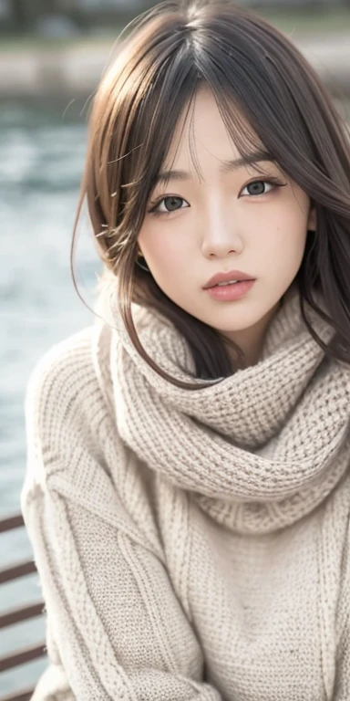 One girl walking on the river, mix 4, sweater, pillow, lips, Open_mouth, realistic, photograph_\(Moderate\), alone, Packed_animal, Packed_toy, teddy_bear,(masterpiece),(photographrealistic:1.3), super detailed, (high definition skin:1.2),(highest quality:1.0), (ultra high resolution:1.0), (Ulzzang-6500:0.3), wavy fine hair, long hair, sunlight, (Beautiful detailed makeup), (Sexually aroused blushing heavy breathing:1.0), Flower-themed petals are scattered, (soft glove room:0.5)