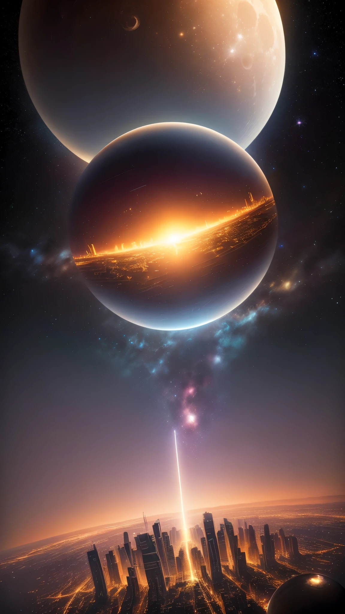 (Best quality,4K,8K,A high resolution,Masterpiece:1.2),Ultra-detailed,(Realistic,Photorealistic,photo-realistic:1.37),planetes,City,Night,lamp lights,Golden,Blue,artificial lights,High-tech,advanced civilization,shimmering dazzling lighting,Modern metropolis,Shining,Lighting skyscrapers,view over city,universe background,space,Extraterrestrial,Interstellar,palla,Huge glowing sphere, Majestic, Otherworldly, Golden glow, luminous, vibrant, big breasts enchanting, Brilliant, Futuristic, Bustling, Vibrant, colorful, night stalker, Fascinating, Breathtaking, starrysky,Huge Moon, Twinkling stars