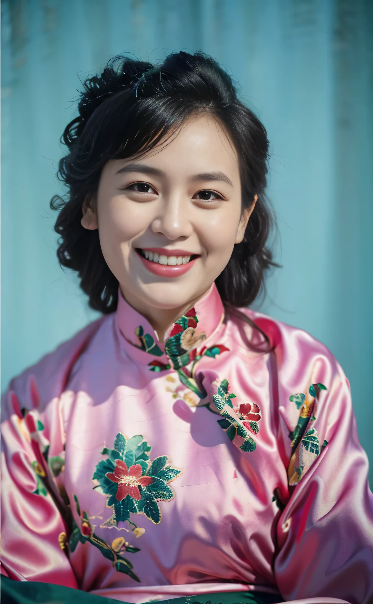 Highly realistic photo, ((masterpiece), (best quality), (raw photo), (photorealistic:1.4), Portrait of a Vietnamese woman,20 years old, rolled hair, She wore a Vietnamese Brocade fabric ao dai, ((light blue background)) , photo taken by Sony A7IV