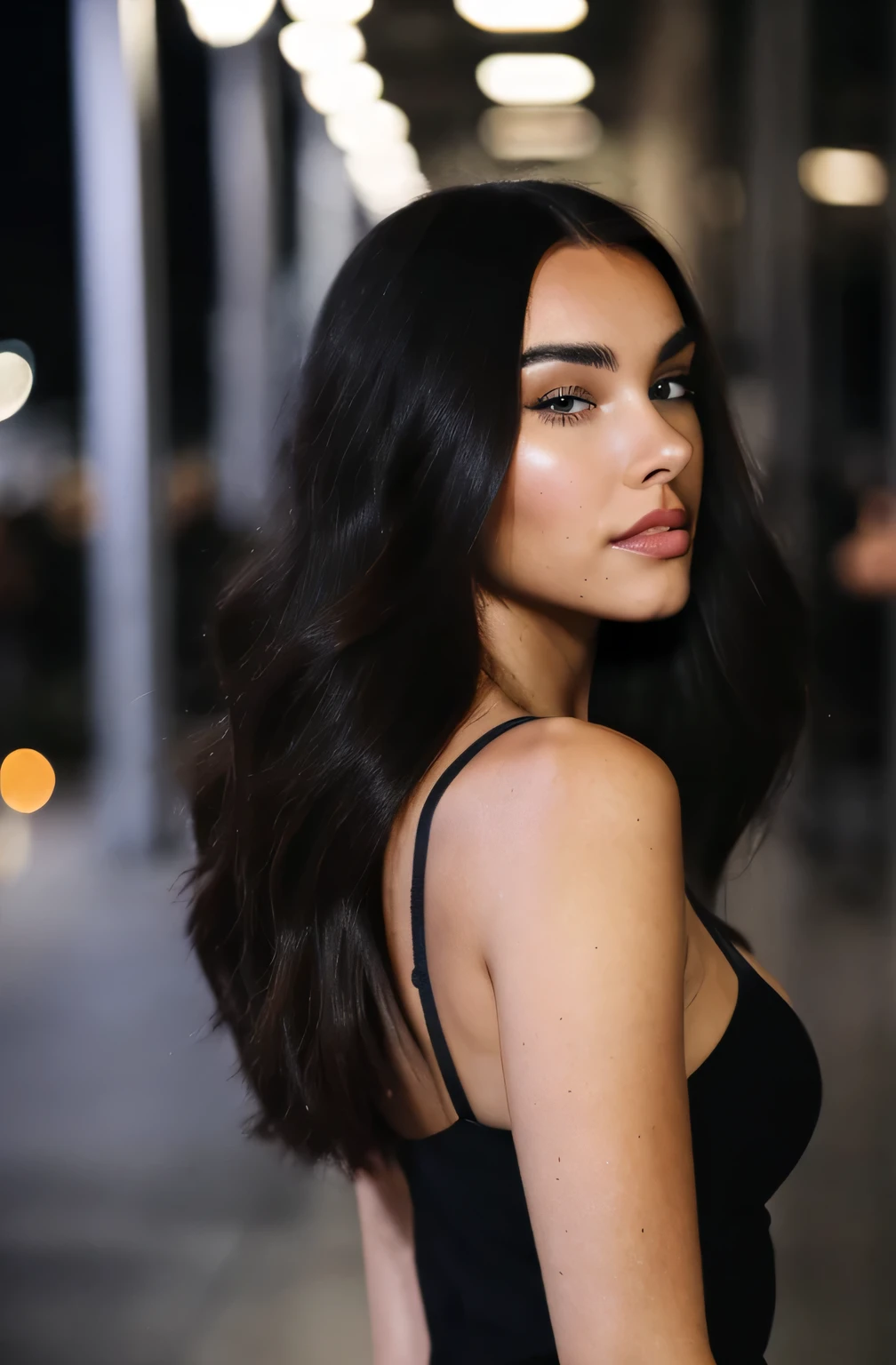 a photo of madison beer woman, straight long black hair, perfect face and body, candid photo, ((dynamic pose)), hands in hair, nighttime, spaghetti strap dress, film grain, cinematic, lens bokeh, epic composition, natural lighting, photography, hyperrealistic, double exposure, blurry, motion blur, absurdres, highres, high quality, best quality, masterpiece, intricate, detailed eyes and face 