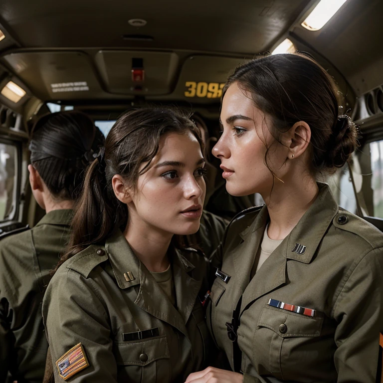Please create an image of a woman dressing in a world war II military uniform having a threesome sex with two soldiers on a military jeep
