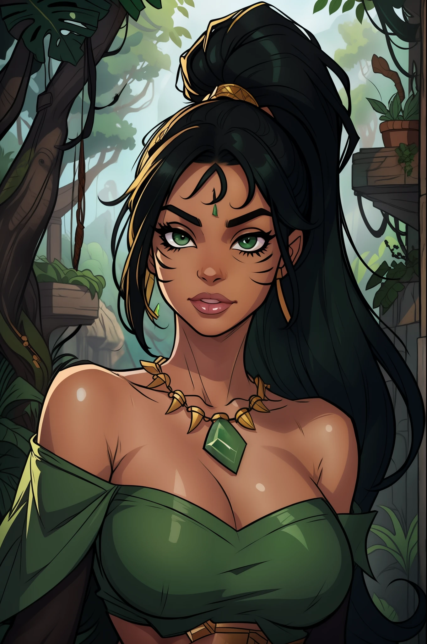 jungle, nidalee, league of legends, absurdres, highres, 1girl, bare shoulders, black hair, facial mark, green gem in forehead, green eyes, jewelry, long hair, necklace, ponytail, solo, tooth necklace, very long hair, hairband, masterpiece, best quality, portrait, beautiful face, dark skin, face close-up