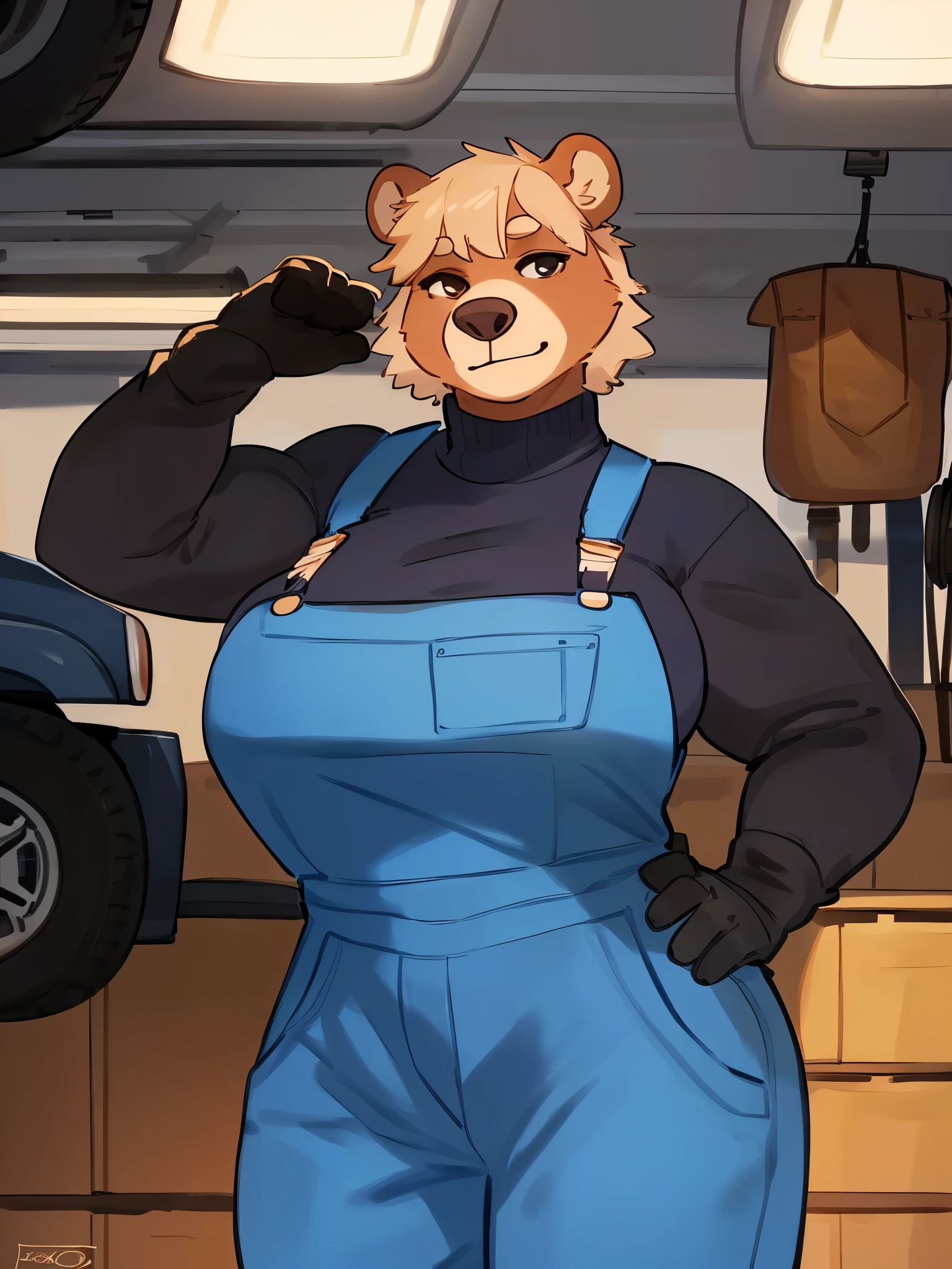 By bebebebebe, by lostgoose, by goonie-san, solo, female, bear, (snout, big nose, hair), sunbear, tan hair, smirking, muscular, big breasts, standing, overalls, turtleneck shirt with shirt sleeves, heavy duty gloves, mechanic garage