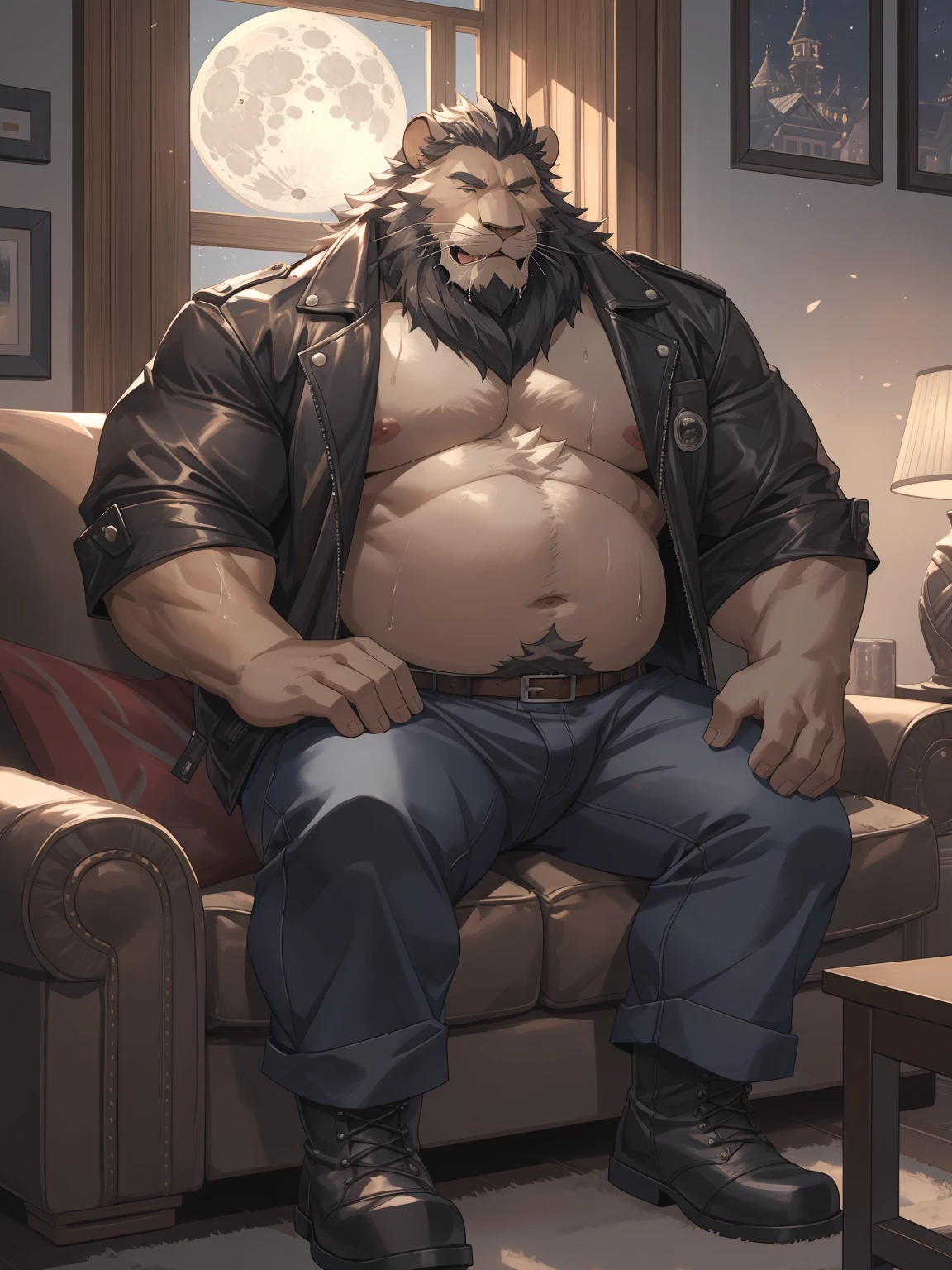 cute human boy sleep with Old lion grandpa on a small couch, strong muscles, big round belly, wearing black leather jacket and jeans and boots, saliva, wet body, happy face, living room, window, moon light, night, by adios, by lindong