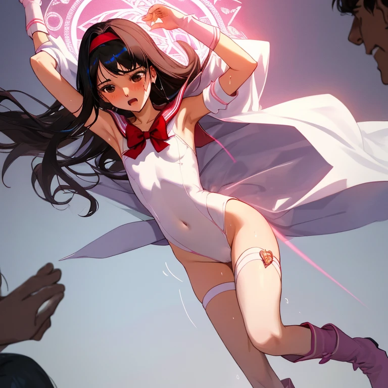 {{{{amazing quality, great quality, high quality, very aesthetic, aesthetic, best quality}}}}, 
realistic, photo, shadow, Three-dimensional, absurdres, Digital art, 
{{{{Magical girl}}}}, beautiful girl, one girl, 
black hair, long hair, straight hair, trimmed hair, shiny hair, blunt bangs, short sideburns, 
brown eyes, tareme, 
{{flat chest}}, {{small breasts}}, {{detailed body}}, slim thighs, thin thighs, 
{{white leotard}, {leotard peek}}, {{pink sailor collar}}, {{pink elbow_gloves}}, {{red boots}}, 
ribbon trim, red bow tie, heart brooch, thigh strap, white headband, white circlet, white cloak, 
{{both shoulders expose}}, {{covered navel}}, 
{{magic circle}}, distress, resistance, defeat, sexual pleasure, troubled face, 
orgasm, sensitive body, Sweat, trembling, 1girl, arms up, 5boy, enemies, attack, restrain arms, restrains legs, touch, caress, fondles, breast grab, grabbing another's breast, crotch grab, 