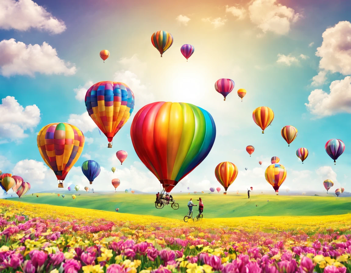 Ad balloons with people on board, colorful, large plains, spectators, sunny spring, going up high, best image quality.