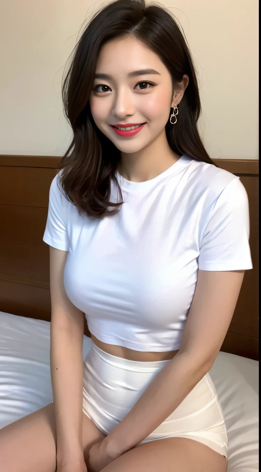 White tight shirt、White tight mini skirt、bed、smile、short sleeve、high resolution、Hallyu Idol Face