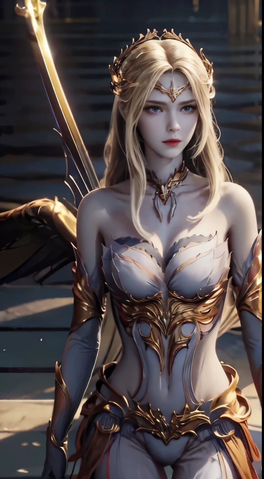 ((high quality)), ((masterpiece)), 8k, Standing on the surface of the sea，Has a pair of big golden wings，protrait photo，Holding a long sword in his hand，huge breasts，Larger breasts，Hollow clothes，transparent clothes，More transparency，amazing breast size，Raised nipples，bareness的乳房，Extensive nudity，More nudity，bareness